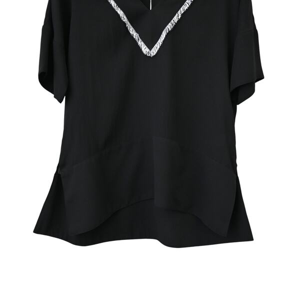 CROSBY Mollie Burch Suzie Tunic Top Black Sz XS Fringe V Neckline Short Sleeve - Picture 3 of 7